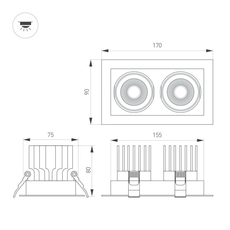 Встраиваемый светильник Arlight MS-VORTEX-BUILT-S170x90-2x12W Warm3000 (BK-BK, 40 deg, 230V) 058437
